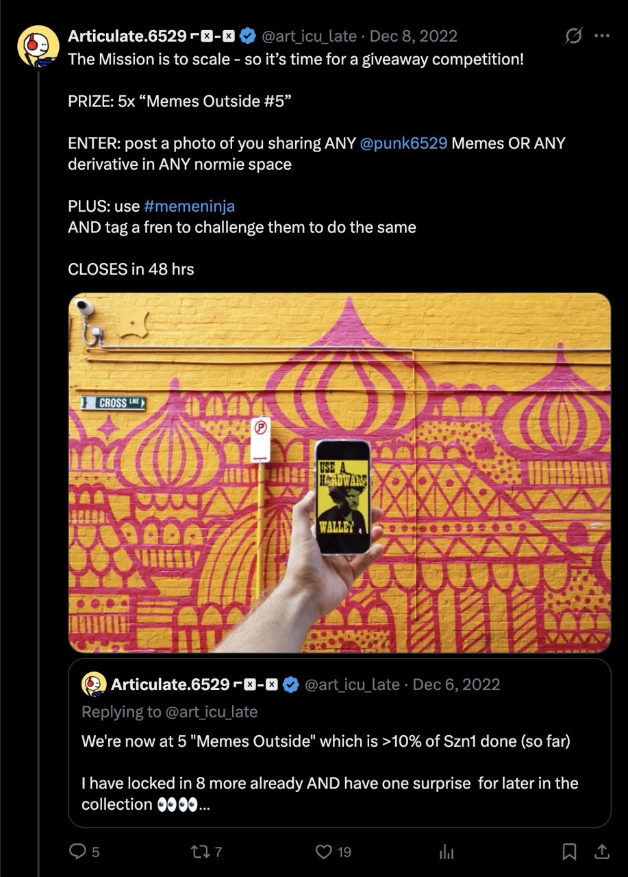 The social media post announcing the weekly Meme Ninja competition, 2022