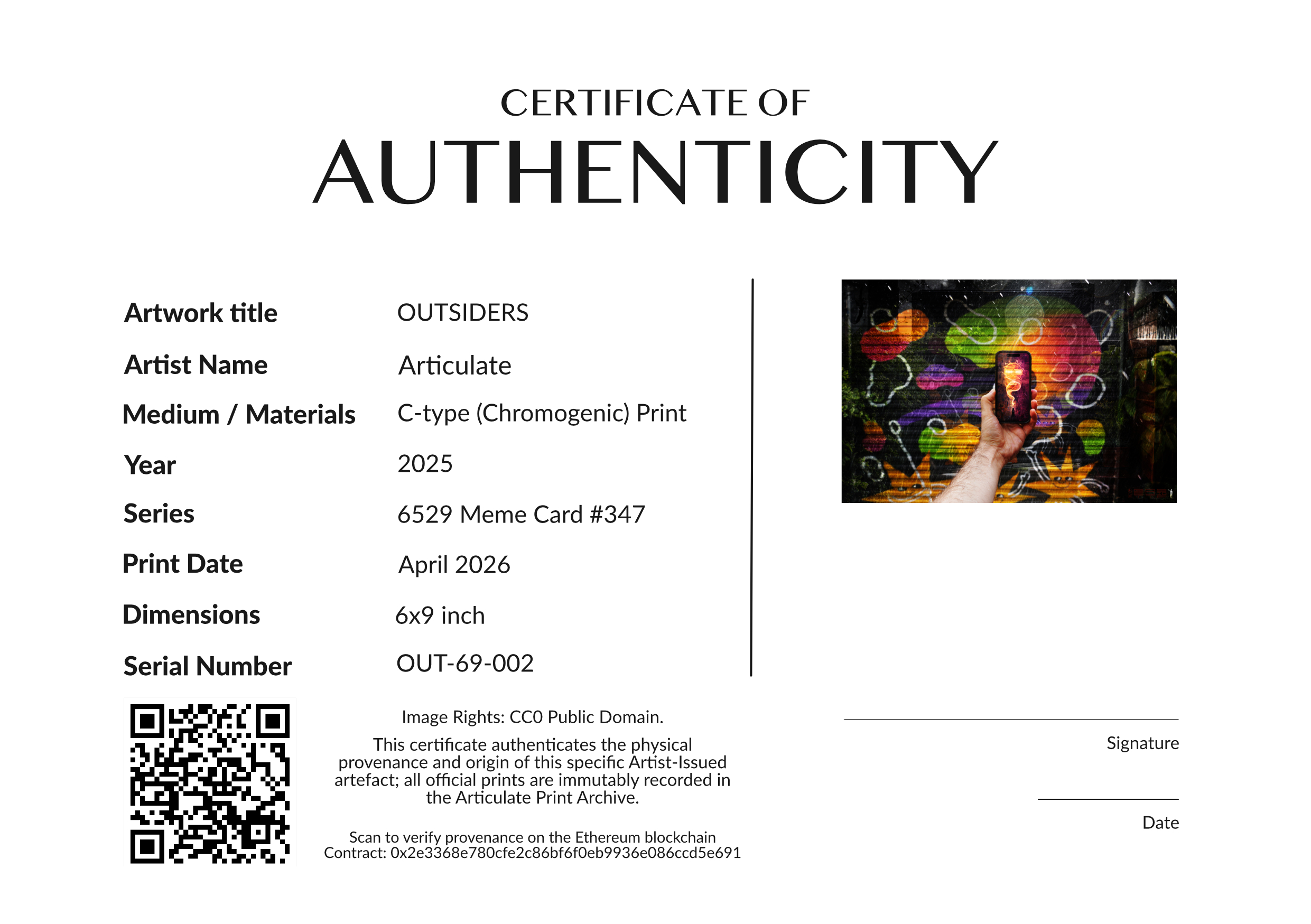 Certificate of Authenticity — OUTSIDERS, serial OUT-69-002